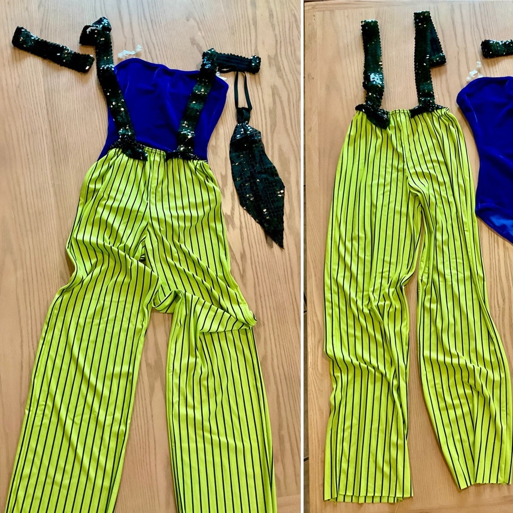 Neon Green Pinstripe Dance Jumpsuit with Black Sequin Suspenders